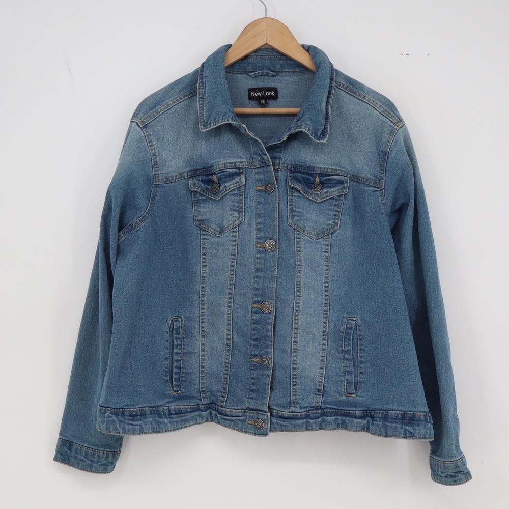 New Look Denim Jacket Womens 2X Trucker Blue Stretch Button Front Excellent